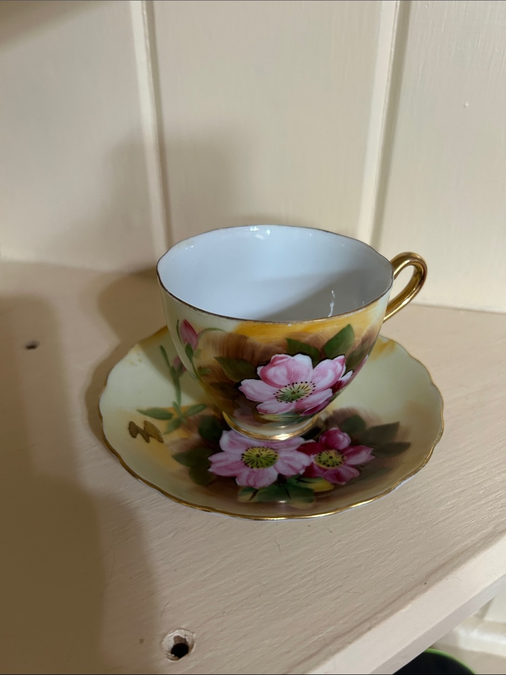 Enesco Gold Teacup & Saucer with Pink Floral Motif